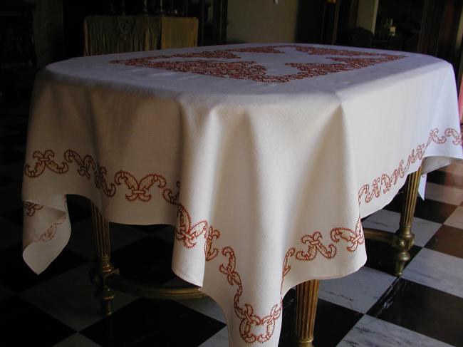 Superb linen lavish embroidered tablecloth, fall colors.