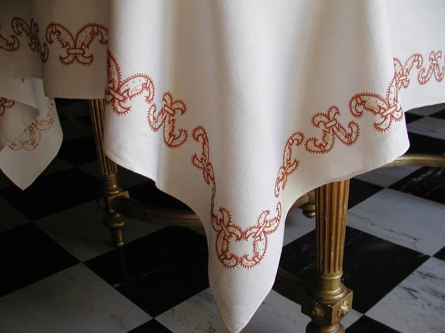 Superb linen lavish embroidered tablecloth, fall colors.