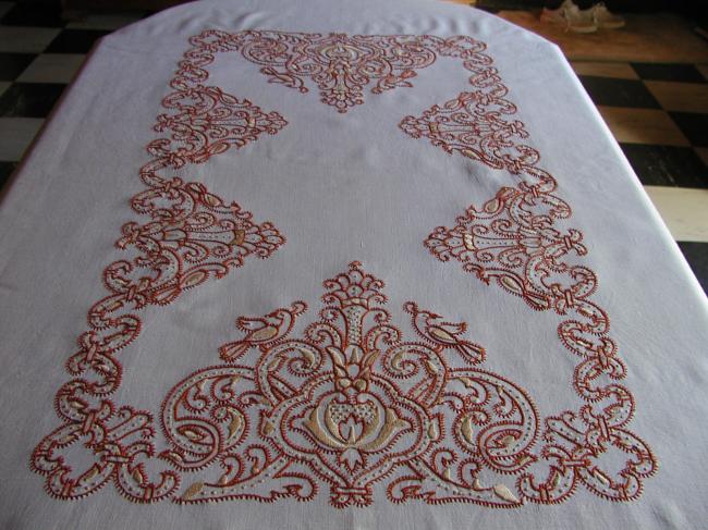 Superb linen lavish embroidered tablecloth, fall colors.