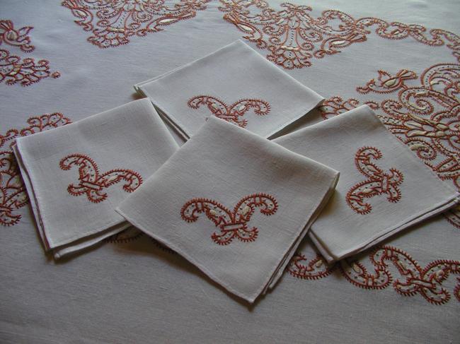 Superb linen lavish embroidered tablecloth, fall colors.