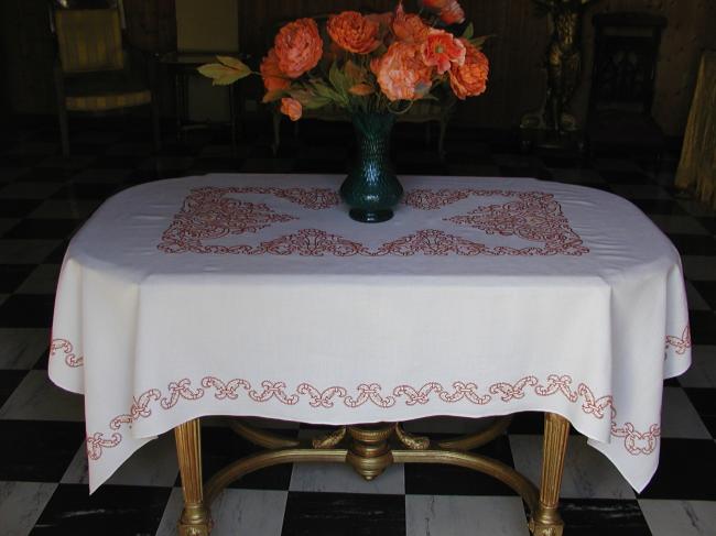 Superb linen lavish embroidered tablecloth, fall colors.