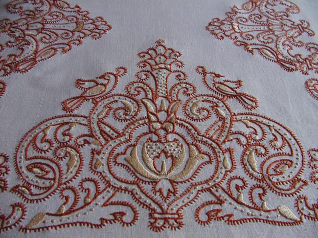 Superb linen lavish embroidered tablecloth, fall colors.