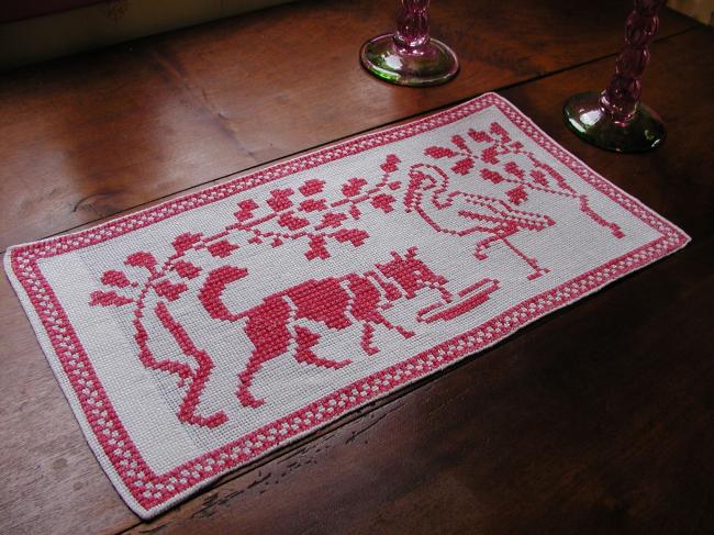 Lovely cross stitches table runner with fable of the Fox and the stork