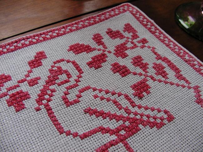 Lovely cross stitches table runner with fable of the Fox and the stork