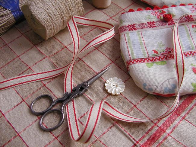 Joli ruban en coton tissé de rayures, blanc et rouge  (10mm)