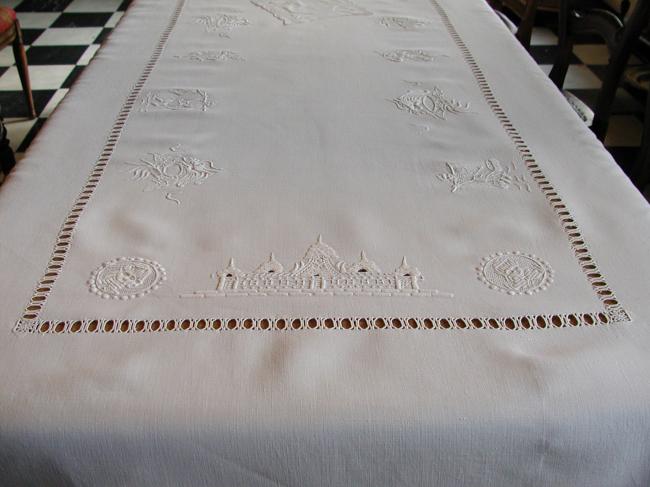 Wonderful huge Indo-China embroidered tablecloth with 10 serviettes