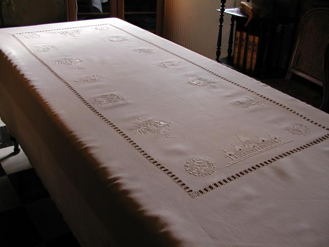 Wonderful huge Indo-China embroidered tablecloth with 10 serviettes