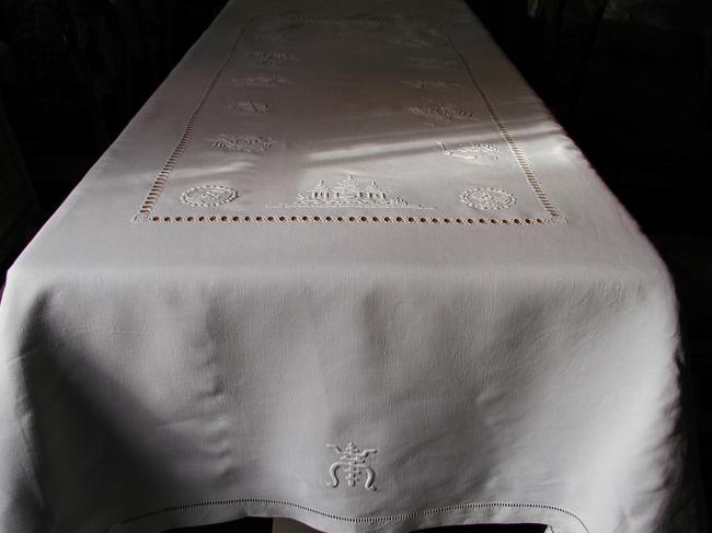 Wonderful huge Indo-China embroidered tablecloth with 10 serviettes