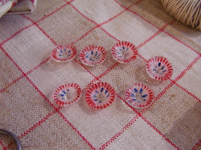 Jolie série de 7 boutons en verre fanion peint à la main, rouge et bleu, 1920