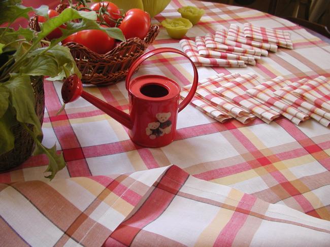 Lovely tablecloth with its 12 tiny serviettes in linen, vichy pattern 1930