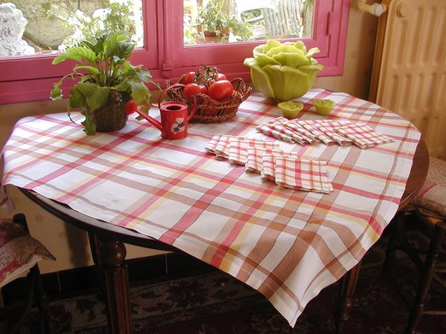 Lovely tablecloth with its 12 tiny serviettes in linen, vichy pattern 1930