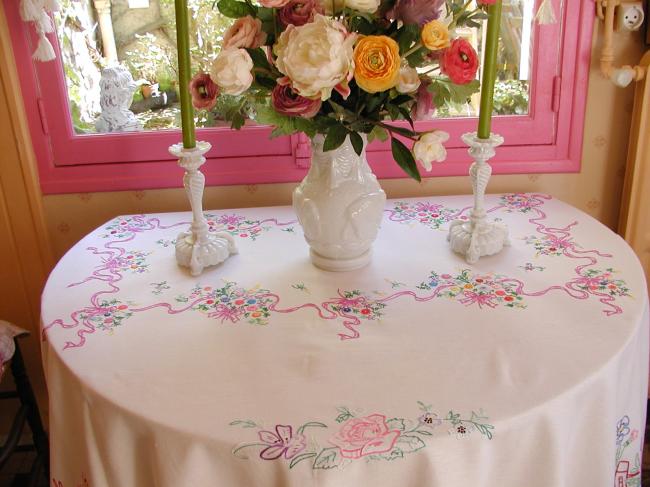 Sweet & large hand embroidered tablecloth with lovely  flowers & ribbons