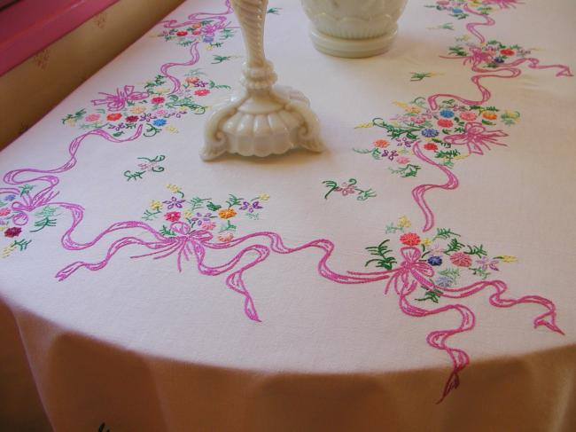 Sweet & large hand embroidered tablecloth with lovely  flowers & ribbons