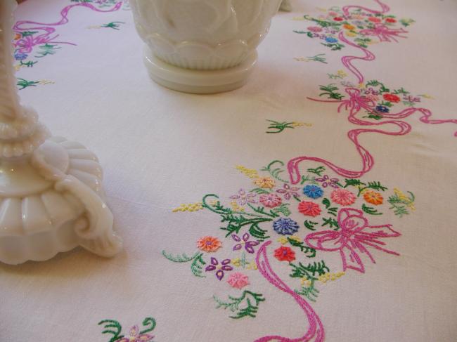 Sweet & large hand embroidered tablecloth with lovely  flowers & ribbons