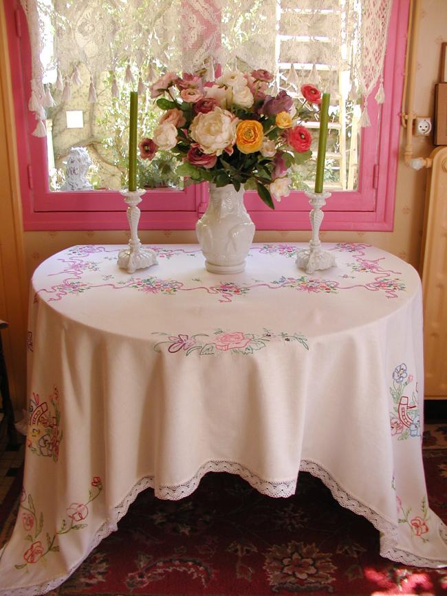 Sweet & large hand embroidered tablecloth with lovely  flowers & ribbons