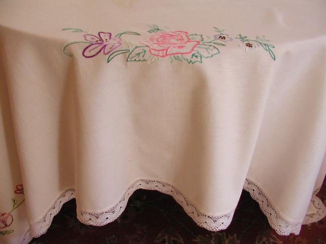 Sweet & large hand embroidered tablecloth with lovely  flowers & ribbons