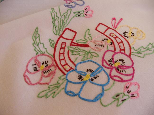 Sweet & large hand embroidered tablecloth with lovely  flowers & ribbons