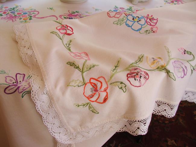 Sweet & large hand embroidered tablecloth with lovely  flowers & ribbons