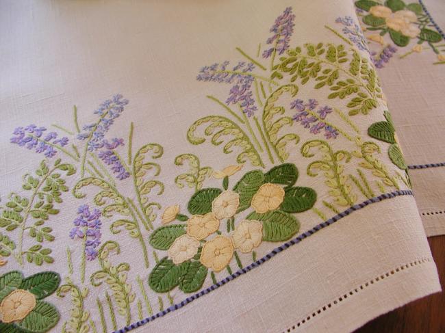 Gorgeous tablecloth with hand-embroidered wild primerose and bluebells