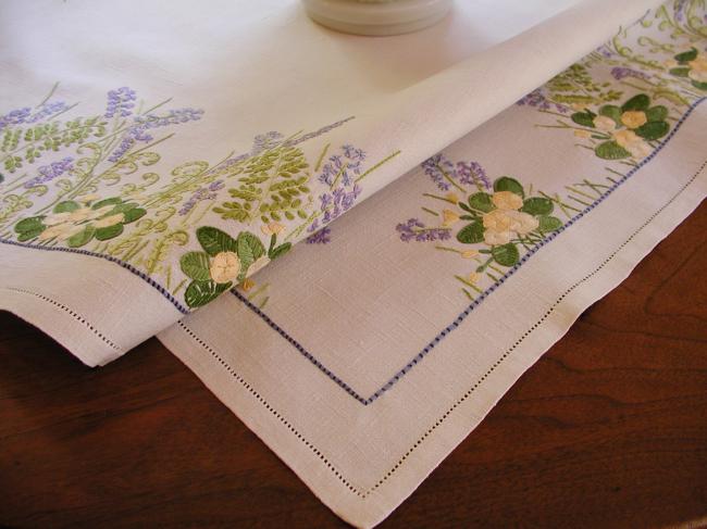 Gorgeous tablecloth with hand-embroidered wild primerose and bluebells