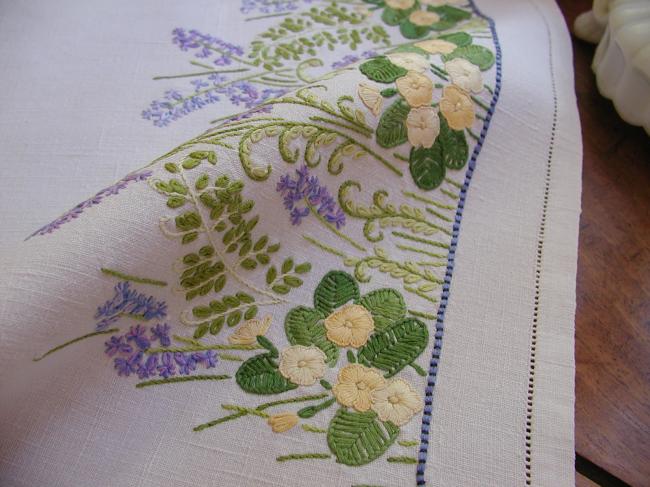 Gorgeous tablecloth with hand-embroidered wild primerose and bluebells