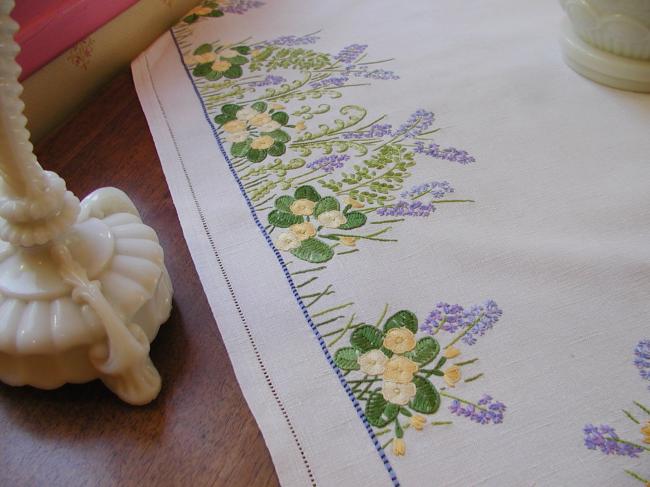 Gorgeous tablecloth with hand-embroidered wild primerose and bluebells