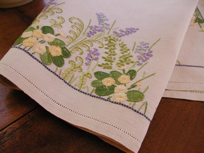 Gorgeous tablecloth with hand-embroidered wild primerose and bluebells