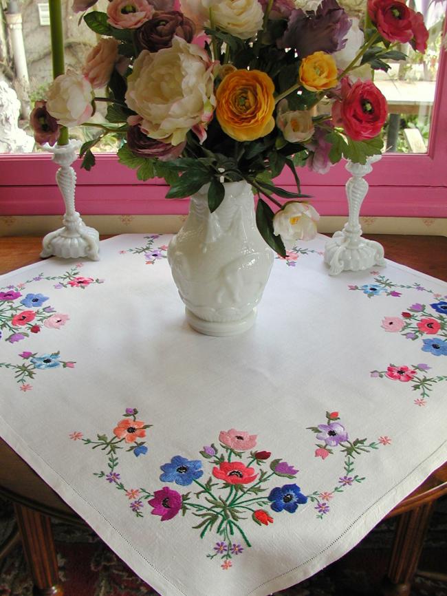 Superb hand embroidered anemones tablecloth with acidulous colors