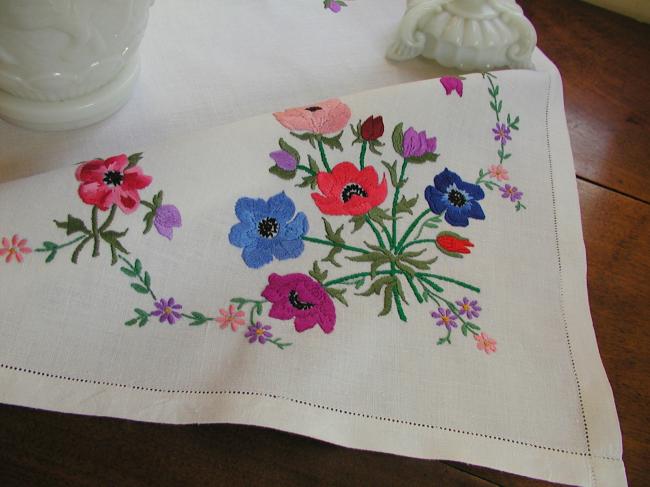 Superb hand embroidered anemones tablecloth with acidulous colors