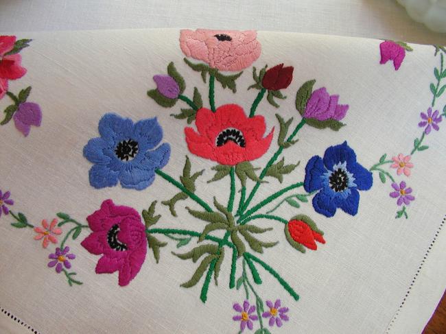 Superb hand embroidered anemones tablecloth with acidulous colors