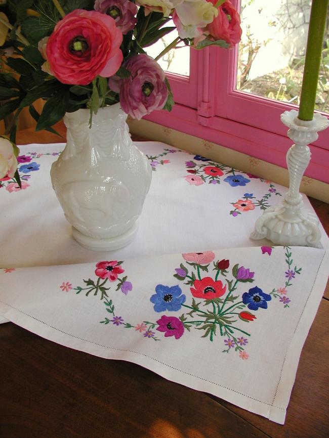 Superb hand embroidered anemones tablecloth with acidulous colors