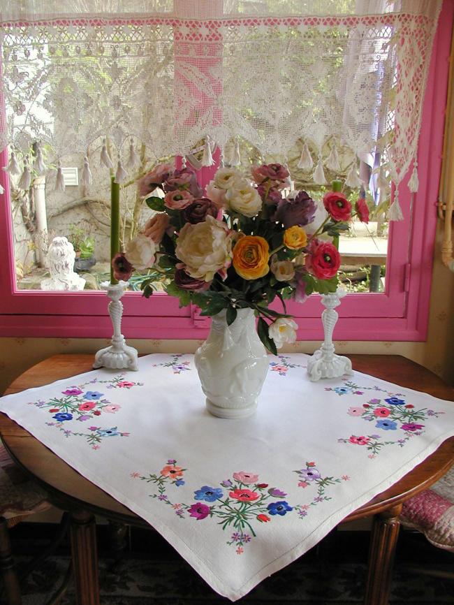 Superb hand embroidered anemones tablecloth with acidulous colors