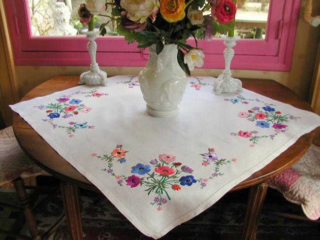 Superb hand embroidered anemones tablecloth with acidulous colors