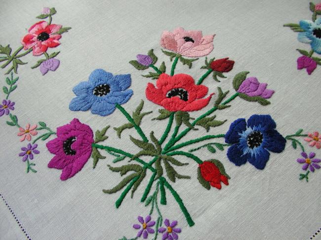 Superb hand embroidered anemones tablecloth with acidulous colors