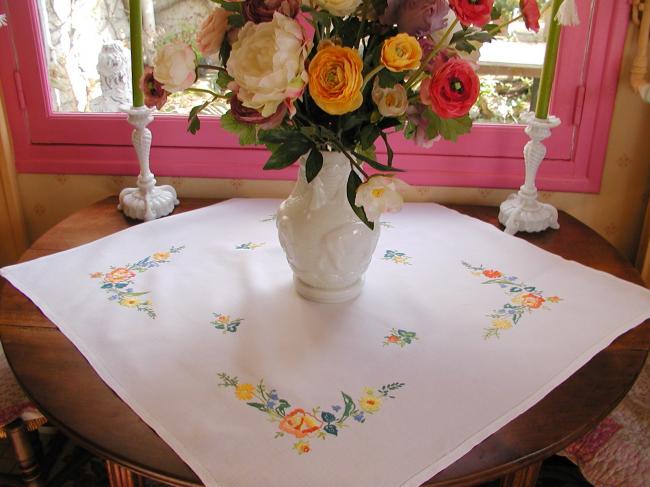 Pretty hand embroidered tablecloth with yellow and orange roses