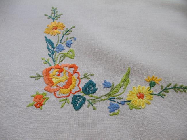 Pretty hand embroidered tablecloth with yellow and orange roses