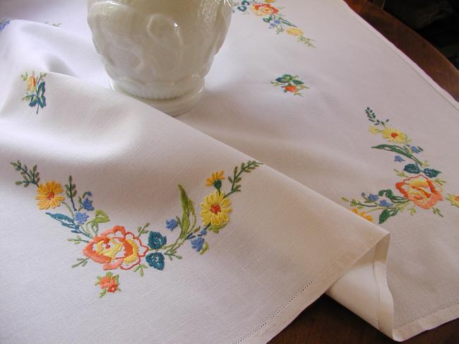 Pretty hand embroidered tablecloth with yellow and orange roses