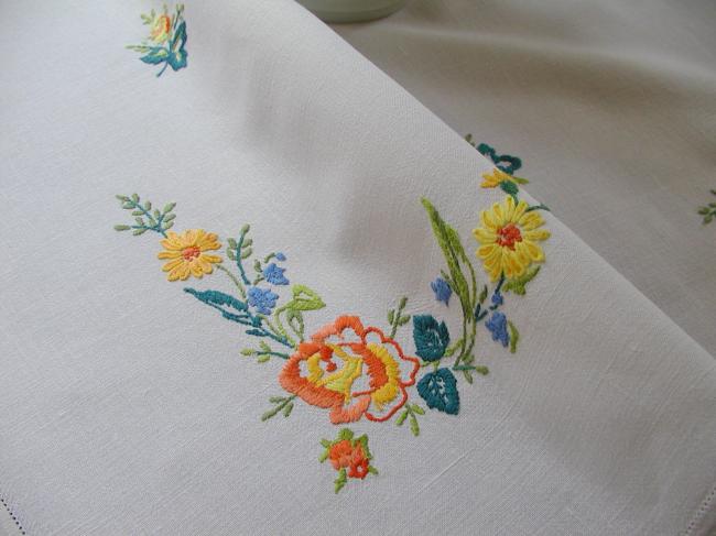 Pretty hand embroidered tablecloth with yellow and orange roses