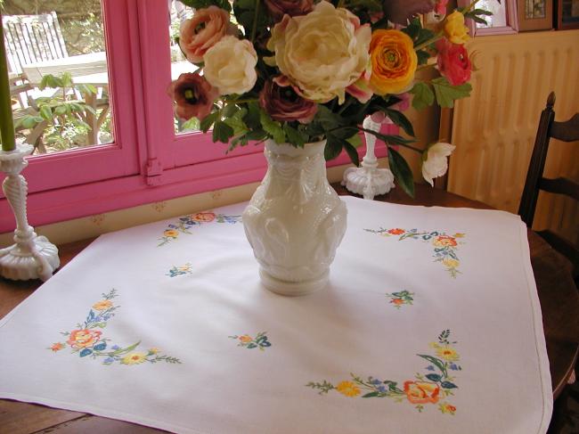 Pretty hand embroidered tablecloth with yellow and orange roses