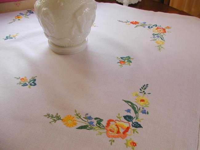 Pretty hand embroidered tablecloth with yellow and orange roses