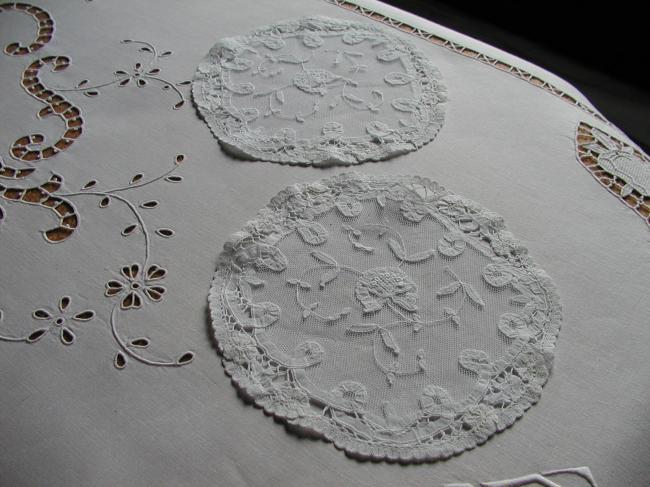 So lovely pair of embroidered net and Princess lace doilies