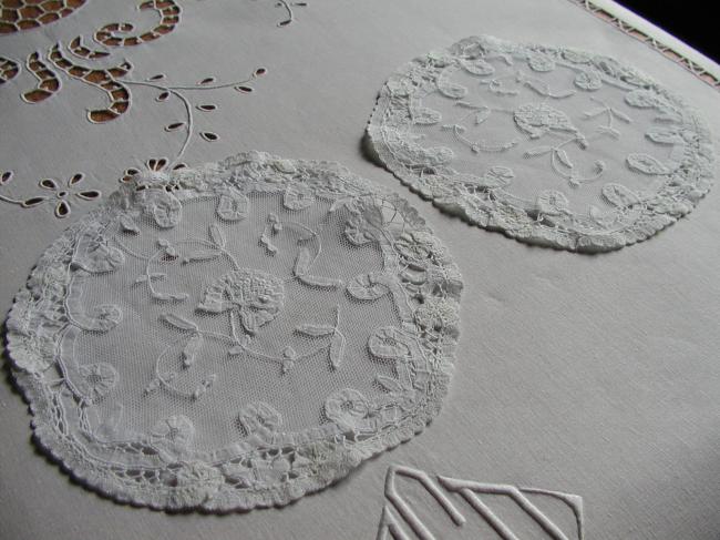 So lovely pair of embroidered net and Princess lace doilies