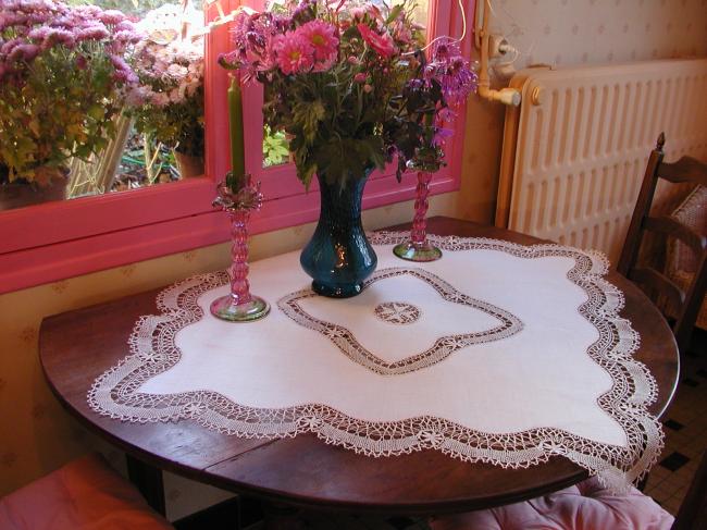 So pretty Cluny lace inserts tablecloth