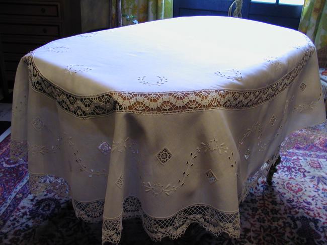 Beautiful large oval tablecloth with Reticella, Colbert embroidery & Cluny lace