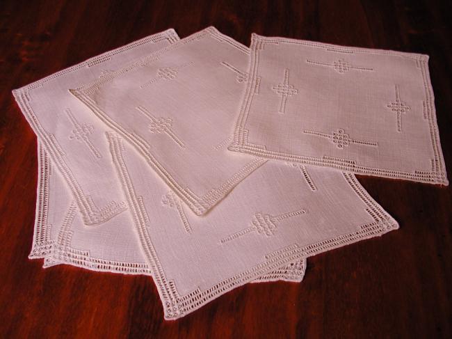 Lovely set of 6 under glass mats in Hardanger embroidery