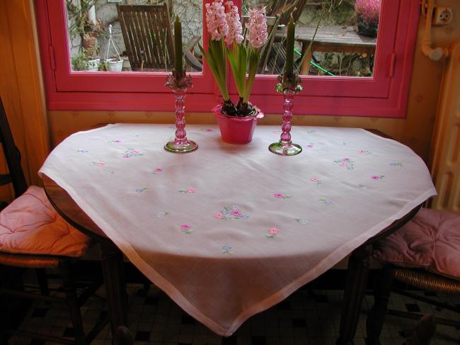 So sweet sheer organdi tablecloth with lovely embroidered flowers