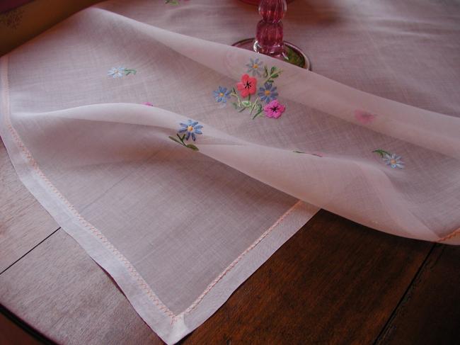 So sweet sheer organdi tablecloth with lovely embroidered flowers