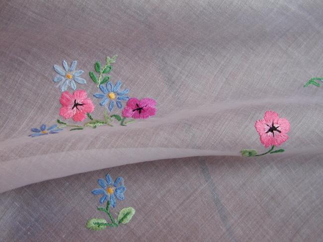 So sweet sheer organdi tablecloth with lovely embroidered flowers