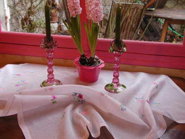 So sweet sheer organdi tablecloth with lovely embroidered flowers