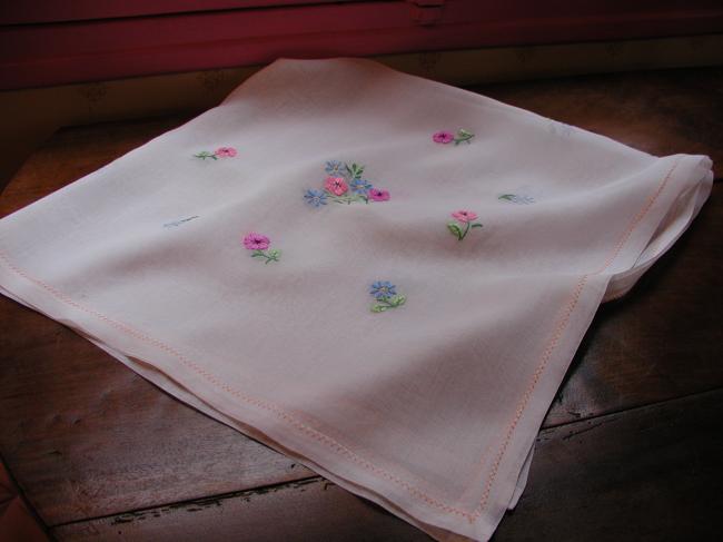 So sweet sheer organdi tablecloth with lovely embroidered flowers